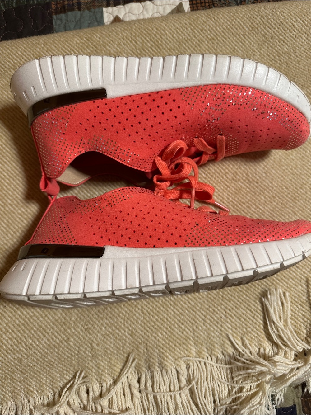 Ilse Jacobsen Coral-Red Perforated Knit Lace-Up Sneakers